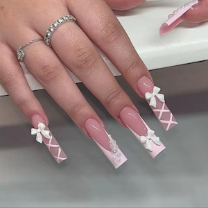 Handmade French & Bow Press On Nails | Handdrawn Nail Art | NO STICKERS | BillioNoire Beauty