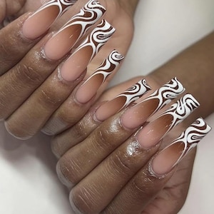 Handmade French Swirl Press On Nails | Handdrawn Nail Art | NO STICKERS | BillioNoire Beauty
