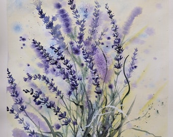 Original Aquarell Lavendel Gemälde