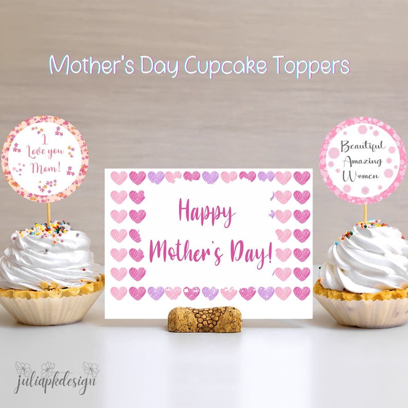 BEISHIDA 24pc Mother's Day Cupcake Toppers - Acrylic Flower Shapes, Rose Gold, Gold, Silver, Hot Pink (I Love You Mom)