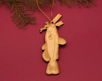 Wood Catfish Ornament: Personalized Fishing Gift