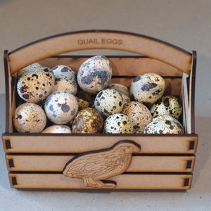 Puede incluir: Una caja de madera con asa, etiquetada con "QUAIL EGGS", llena de huevos de codorniz moteados. La caja tiene un recorte de una codorniz en la parte delantera.