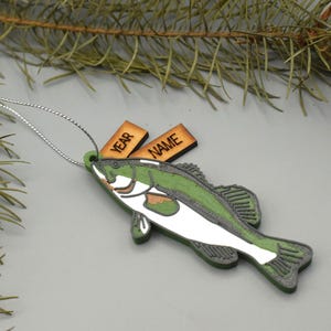 Large Mouth Bass Christmas ornament with customizable name and year tag for fisherman gift
