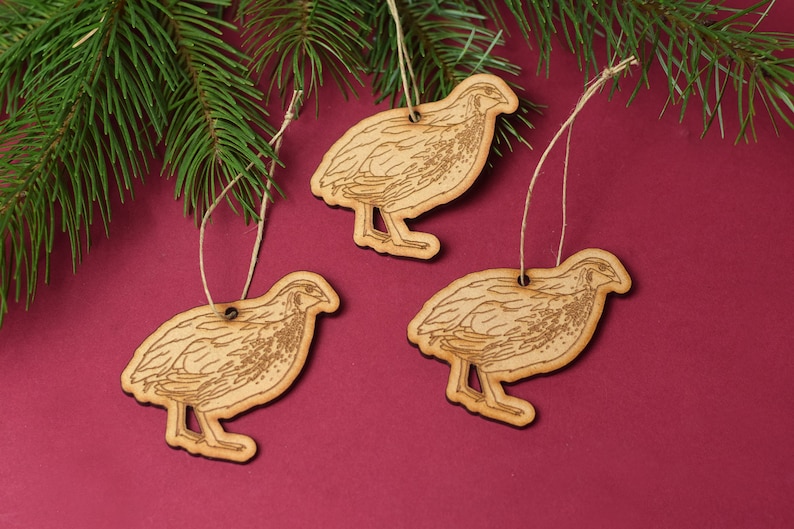 May include: Three wooden ornaments shaped like quail birds with brown twine hangers. The ornaments are on a red background.
