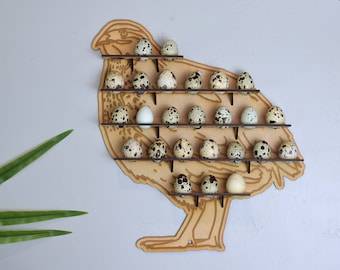 Quail Shaped Wall Hanging Egg Holder, Wooden Display Holds 26 Eggs