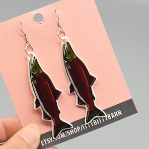 Salmon Dangle Earrings: Fish Lover Gift, Fishing jewelry, Stainless Steel Hooks