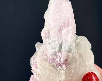 Unique Formation Pastel Green Tourmaline, Purple Pink Lepidolite Matrix on Quartz, Natural Raw Crystal