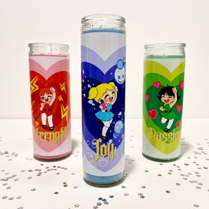 Bougie de prière énergétique Powerpuff Girls, votive, sortilège, cire de soja, végétalien, années 90, dessin animé