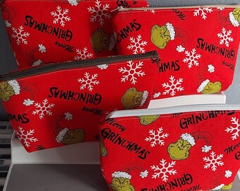 grinch bag/christmas gift/christmas bag/red grinch bag/zippered bag/christmas accessory bag/travel bag/toiletry bag/birthday bag/holiday bag