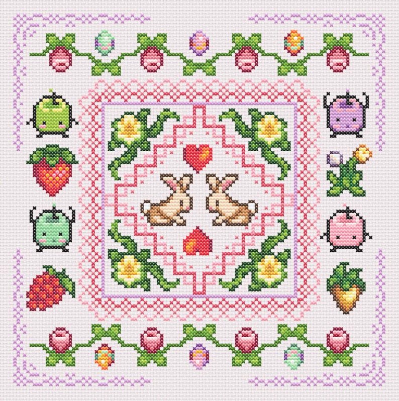 May include: A cross-stitch pattern featuring two bunnies, hearts, flowers, and strawberries. The pattern is surrounded by a pink and white border with green leaves and eggs.