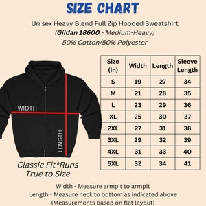 Puede incluir: Tabla de tallas para una sudadera con capucha de cremallera completa de mezcla pesada unisex. La tabla muestra la talla, el ancho, la longitud y la longitud de la manga en pulgadas para las tallas S a 5XL. La sudadera est&aacute; hecha de 50% algod&oacute;n y 50% poli&eacute;ster.
