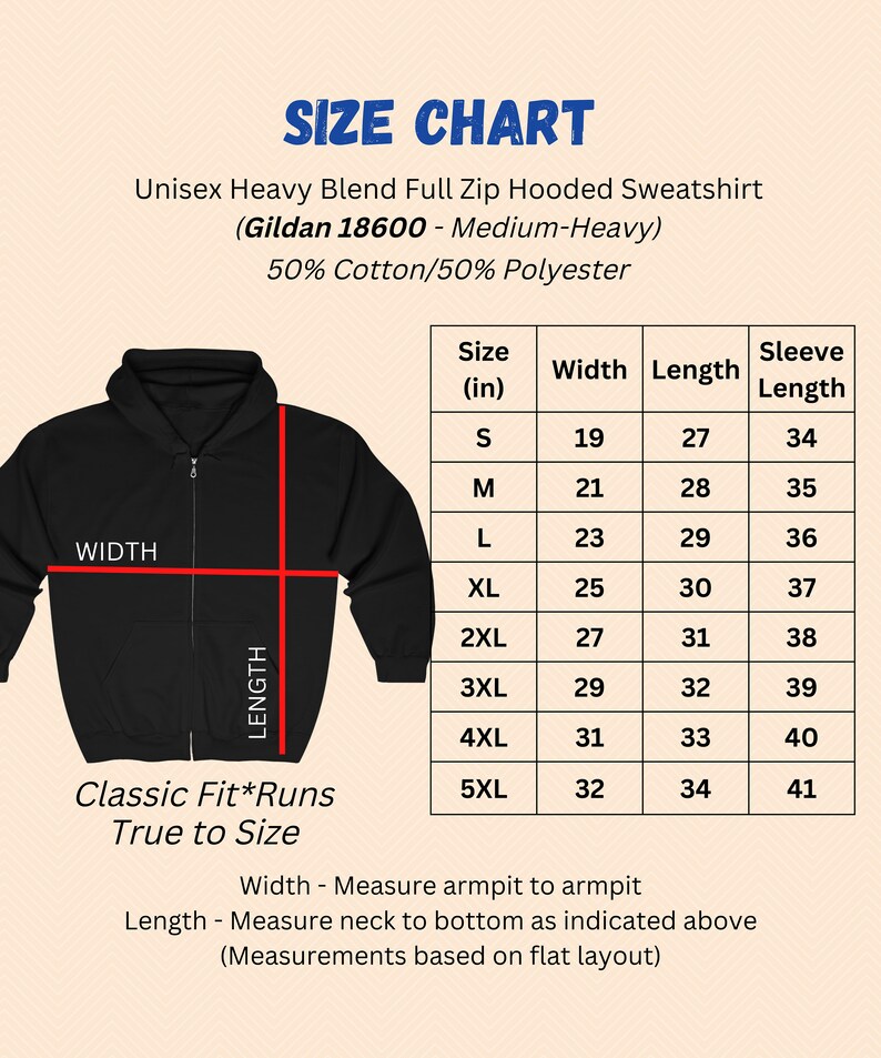 Puede incluir: Tabla de tallas para una sudadera con capucha de cremallera completa de mezcla pesada unisex. La tabla muestra la talla, el ancho, la longitud y la longitud de la manga en pulgadas para las tallas S a 5XL. La sudadera est&aacute; hecha de 50% algod&oacute;n y 50% poli&eacute;ster.