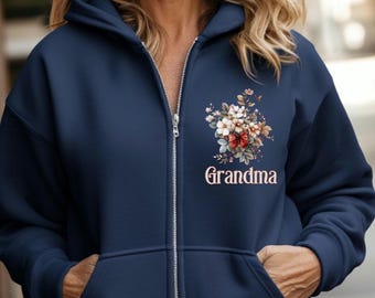 Floral Grandma Sweatshirt Hoodie, Custom Grandma Floral Comfort Color® Shirt, Mother’s Day Gift,  Grandma Full-Zip Hoodie, Gift for Grandma