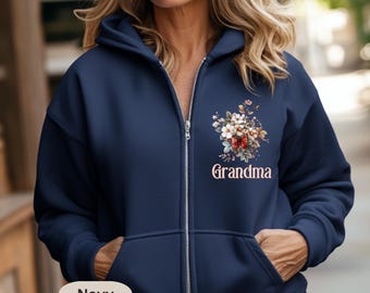 Sudadera con capucha y cremallera personalizada con estampado floral para abuela o camiseta Comfort Color® Regalo para mamá, abuela, tía, Día de la Madre