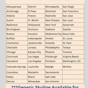 Puede incluir: Una lista de ciudades con im&aacute;genes de horizonte disponibles. La lista incluye ciudades como Albuquerque, Anchorage, Atlanta, Austin, Baltimore, Birmingham, Boston, Buffalo, Charleston, Charlotte, Chicago, Cincinnati, Cleveland, Colorado Springs, Columbus, Dallas, Denver, Detroit, El Paso, Fresno, Fort Worth, Hollywood, Honolulu, Houston, Indian&aacute;polis, Jacksonville, Juneau, Kansas City, Las Vegas, Los &Aacute;ngeles, Louisville, Memphis, Miami, Milwaukee, Minneapolis, Montreal, Nashville, Nueva Orleans, Nueva York, Oakland, Omaha, Orlando, Filadelfia, Phoenix, Pittsburgh, Portland, Raleigh, Sacramento, Salt Lake City, San Antonio, San Diego, San Francisco, San Jos&eacute;, San Juan, Savannah, Seattle, Sioux Falls, San Luis, San Pablo, Tampa, Toronto, Virginia Beach, Washington, DC y Wichita. La lista tambi&eacute;n incluye una nota que indica que un horizonte gen&eacute;rico est&aacute; disponible para todas las dem&aacute;s ciudades.