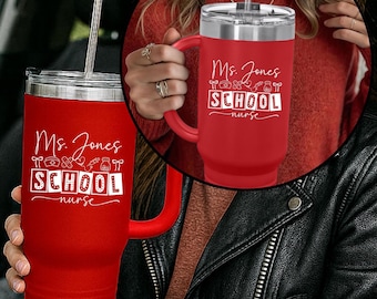 Taza de acero inoxidable con tapa para enfermera escolar, regalo personalizado de acero inoxidable para viaje, regalo para enfermera.