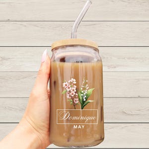 Personalized Iced Coffee Tumbler, Custom Birth Flower and Birth Month Ice Coffee Tumbler With Name, Personalized May Birth Month Tumbler