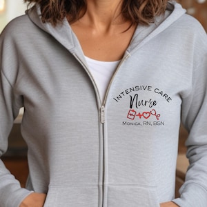 Personalized ICU Intensive Care Unit Nurse Pullover Sweatshirt Shirt Full Zip Jacket Sweater, ICU Nurse Crew Sweatshirt Zip Jacket Hoodie