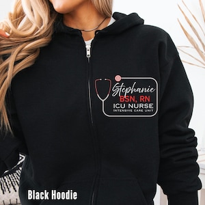 Personalized ICU Intensive Care Unit Nurse Pullover Sweatshirt Shirt Full Zip Jacket Sweater, ICU Nurse Crew Sweatshirt Zip Jacket Hoodie
