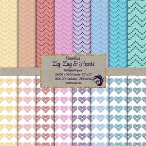 May include: A set of 16 digital papers featuring a seamless zig-zag pattern with hearts. The papers are in various colors, including yellow, orange, red, pink, purple, blue, and green. Each paper is 3600 x 3600 pixels and 12 inches by 12 inches. The resolution is 300 DPI and the format is JPG. The text "Seamless Zig-Zag & Hearts" is displayed in a brown rectangle at the top of the image. The text "16 Digital Papers" is displayed below the title. The text "3600 x 3600 pixels - 12" x 12" is displayed below the number of papers. The text "300 DPI resolution - JPG format" is displayed below the dimensions. The text "Commercial use" is displayed below the resolution and format.