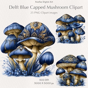 Delftblå & guld svamp Clipart PNG-paket | Vintage botanisk Cottagecore digital nedladdning för Junk Journal Art