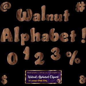Walnut Wood Alphabet Numbers & symbols 72 PNG Clip Art images - Full English Alphabet Uppercase Lower case  - may be used for commercial use