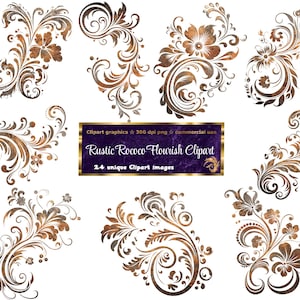 May include: A collection of nine ornate floral clipart images in shades of brown, copper, and gray, with intricate scrollwork and floral details. The images are arranged on a white background. The text in the image reads: "Rustic Rococo Flourish Clipart".