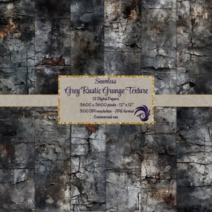 May include: Seamless grey rustic grunge texture digital paper pack. 12 digital papers, 3600 x 3600 pixels, 12" x 12", 300 DPI resolution, JPG format, commercial use.
