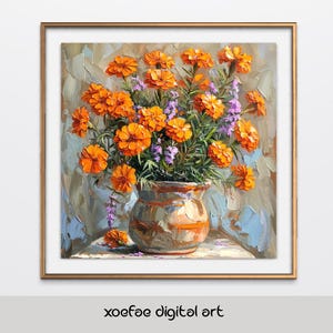 Impressionist Still-Life Oil Painting: Orange Marigolds and Lilac Rosemary in a Ceramic Pot, Digital File