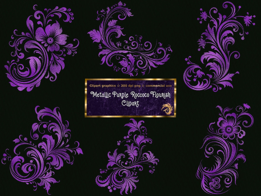 Purple Rococo Flourishes Clipart: 24 PNG Digital Images (commercial Use ...