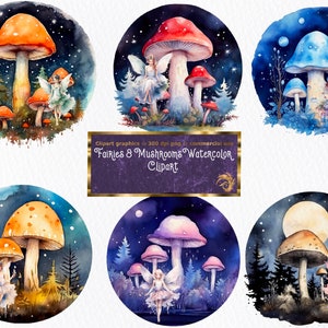 Magical Fairies and Mushrooms in Moonlight, set of 12 Digital Watercolor Clipart PNG Files, instant download, may be used for commercial use
