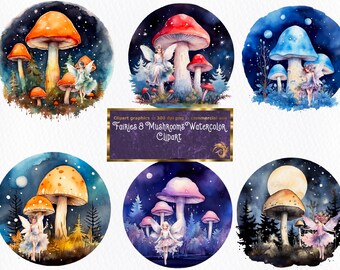 Clipart de Hadas y Hongos en Acuarela: Archivos PNG de Luz de Luna (Descarga Digital)