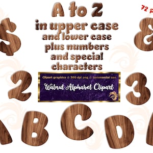 Números y símbolos del alfabeto de madera de nogal 72 imágenes PNG Clip Art - Alfabeto inglés completo en mayúsculas y minúsculas - se pueden usar para uso comercial