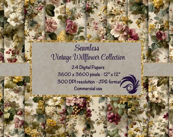 Vintage Wildflower Digital Paper Set Cottage Floral Botanical Backgrounds Cream Green Yellow Floral Scrapbook Paper