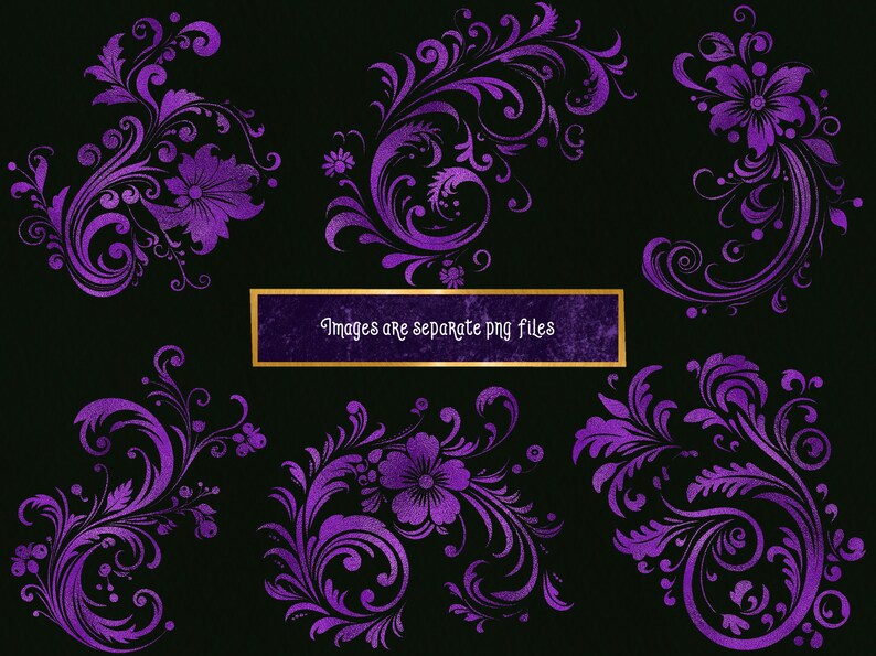 Purple Rococo Flourishes Clipart: 24 PNG Digital Images (commercial Use ...