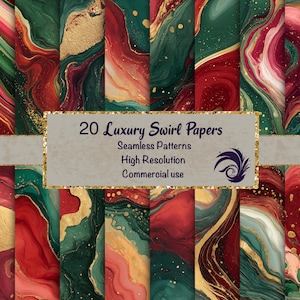 May include: A collection of 20 luxury swirl papers with seamless patterns in shades of red, green, and gold. The image features a variety of abstract designs with a high-resolution quality. The text on the image reads "20 Luxury Swirl Papers".