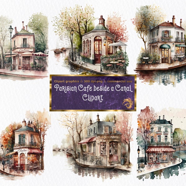 Beautiful scenes of Parisian Cafes by the Canal Clipart - images are in PNG format - instant download for commercial use