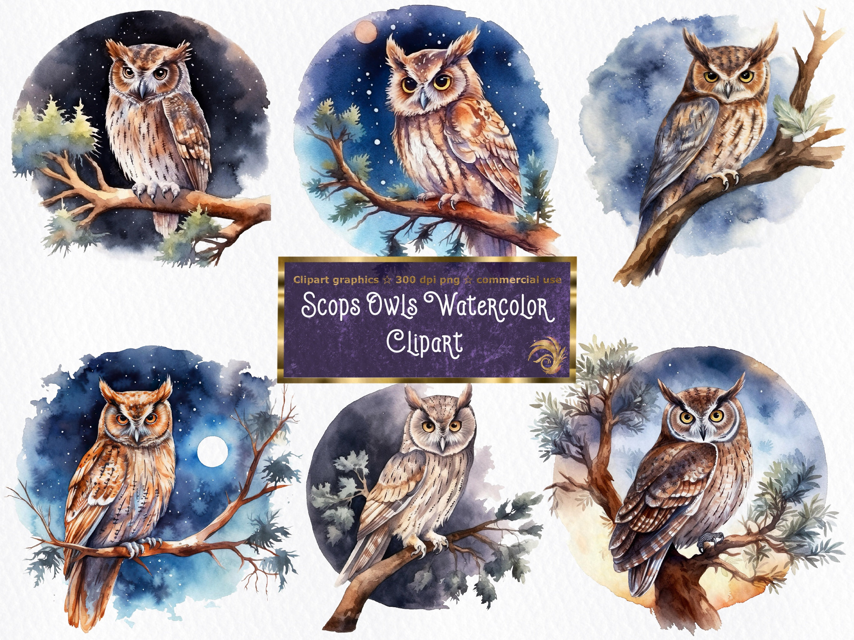 Watercolor Scops Owl Clipart: Night Forest PNG Images (Digital Download)