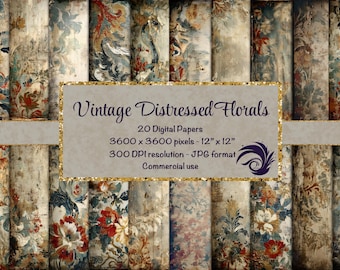 Vintage Floral Digital Paper Pack | Distressed Antique Grunge Backgrounds 20 Printable JPGs for Scrapbook & Junk Journal