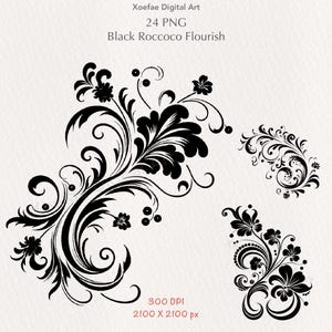 Black Rococo Flourish Clipart 24 PNG Digital Images Baroque Ornate Swirls Commercial Use Instant Download