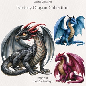 May include: Digital art collection titled Xoefae Digital Art Fantasy Dragon Collection featuring three dragons. One large black dragon with red horns, one blue dragon, and one magenta dragon. Text includes 300 DPI and 2400 x 2400 px.