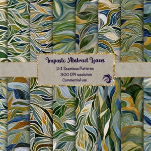 Könnte beinhalten: Eine Sammlung von 24 nahtlosen Mustern mit einem abstrakten Blattdesign. Die Muster zeigen fließende, organische Formen in Grün-, Blau- und Goldtönen. Das Bild enthält den Text "Impasto Abstract Leaves" und Details zur Auflösung und kommerziellen Nutzung.