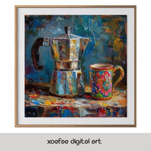 Srebrny dzbanek do kawy Mocha i kolorowy kubek – impresjonistyczny obraz olejny, plik cyfrowy