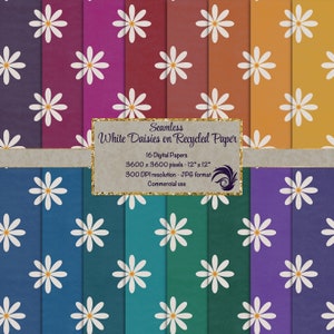 May include: A digital paper pack with 16 seamless patterns featuring white daisies on a variety of recycled paper backgrounds. The papers are 12 inches by 12 inches and 300 DPI resolution.  Seamless White Daisies on Recycled Paper - 16 Digital Papers - 3600 x 3600 pixels - 12" x 12" - 300 DPI resolution - JPG format - Commercial use