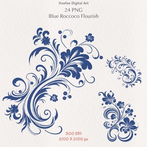 Op de afbeelding: Digitale kunst met blauwe Rococo-bloemmotieven. De afbeelding bevat drie afzonderlijke bloemen- en krulwerk elementen, met de tekst "Xoefae Digital Art", "24 PNG", "Blue Rococo Flourish", "300 DPI" en "2100 X 2100 px".