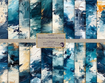 Blue Cream Grunge Brushstroke Digital Paper: Seamless Texture Backgrounds (12x12, 300 DPI)