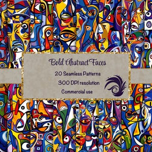 May include: Colorful abstract art featuring multiple faces in a cubist style. The artwork uses a vibrant palette of blues, yellows, reds, and oranges. The image includes text that reads "Bold Abstract Faces", "20 Seamless Patterns", "300 DPI resolution", and "Commercial use".
