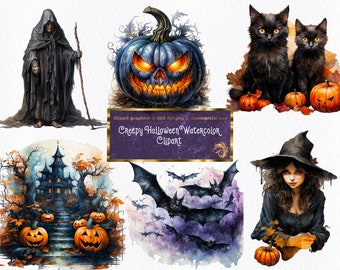 Creepy Halloween Clipart- set of 18 Digital Watercolor Clipart PNG Files - instant download - these may be used for commercial use
