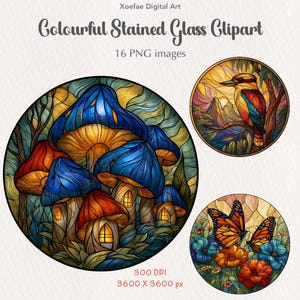 Op de afbeelding: Digitale kunstcollectie getiteld Colourful Stained Glass Clipart met 16 PNG-afbeeldingen. De weergave toont drie cirkelvormige ontwerpen: een groep blauwe en oranje paddenstoelenhuizen, een vogel op een tak en twee vlinders op bloemen.