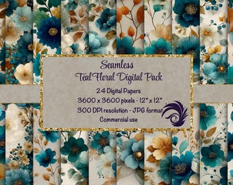 Teal Floral Digital Paper Pack, Blue Green Botanical Seamless Patterns, Vintage Watercolour Flowers, Scrapbooking Backgrounds, 24 JPG